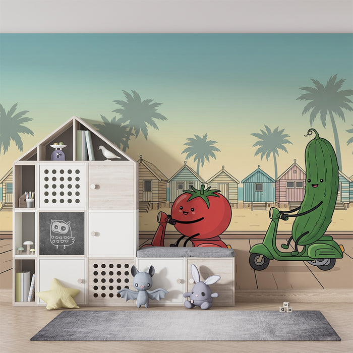 Papier peint chambre enfant | Tomate et concombre en scooter sur la plage