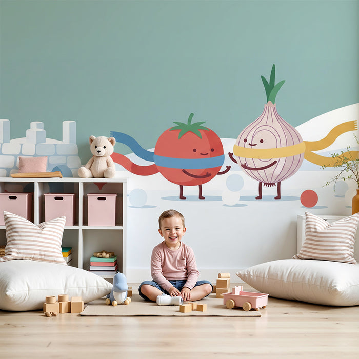 Papel de parede para quarto de criança | Tomate e Cebola divertem-se na neve