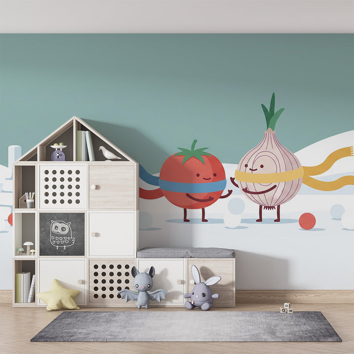 Papel de parede para quarto de criança | Tomate e Cebola divertem-se na neve