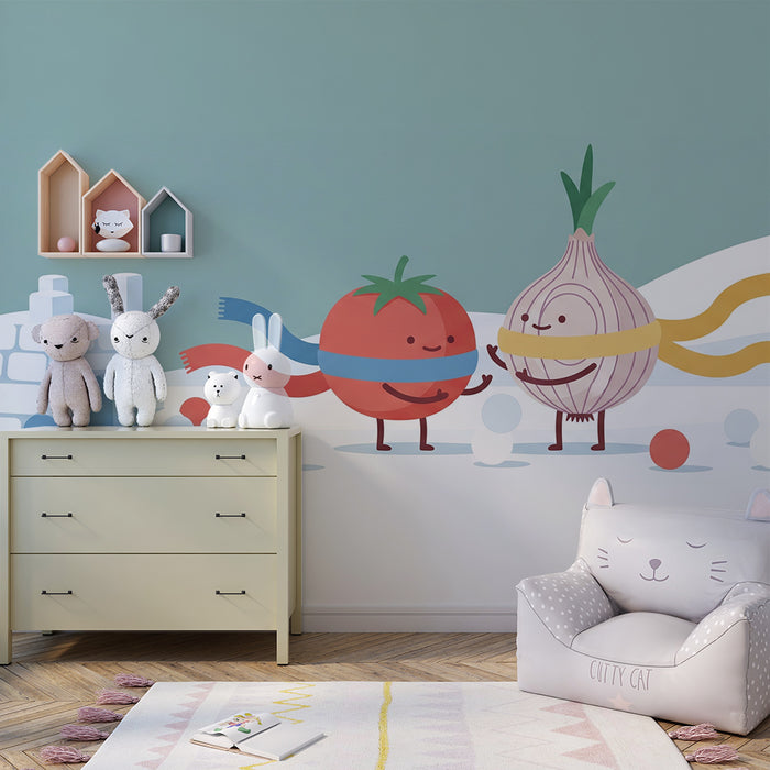 Papel de parede para quarto de criança | Tomate e Cebola divertem-se na neve