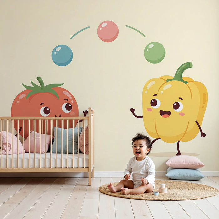 Kids' Room Wallpaper | Playful Tomato and Pepper in Action