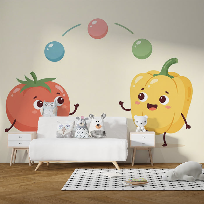 Kids' Room Wallpaper | Playful Tomato and Pepper in Action
