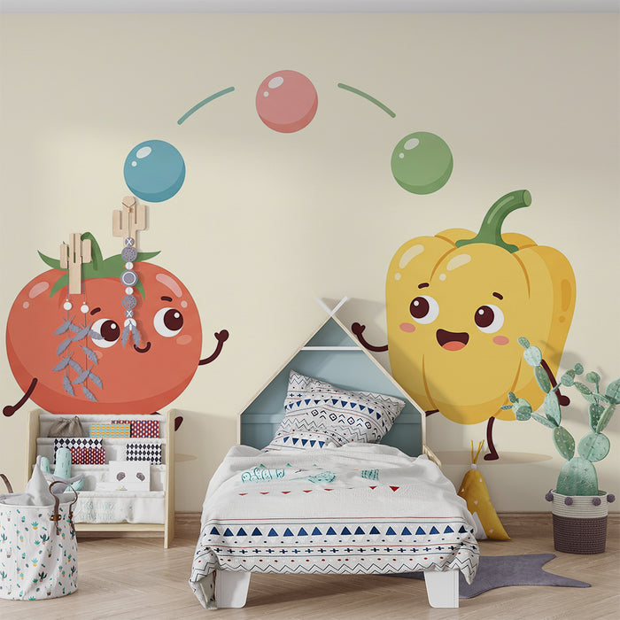 Kids' Room Wallpaper | Playful Tomato and Pepper in Action