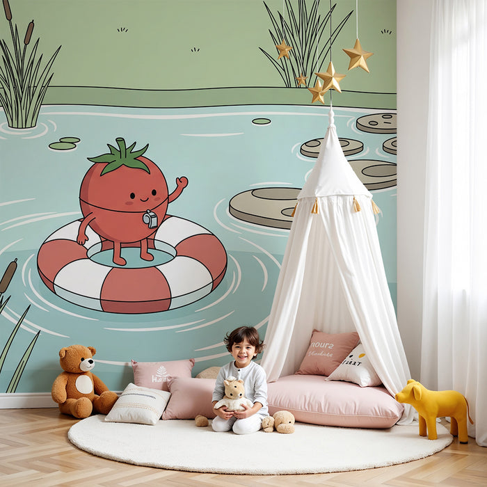 Papel de parede para quarto de criança | Tomate feliz numa boia num lago tranquilo