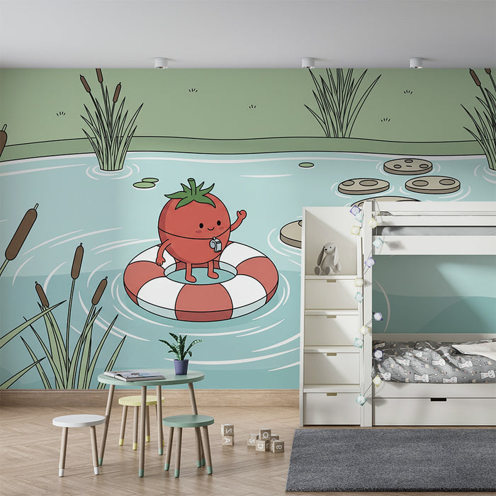 Papel de parede para quarto de criança | Tomate feliz numa boia num lago tranquilo