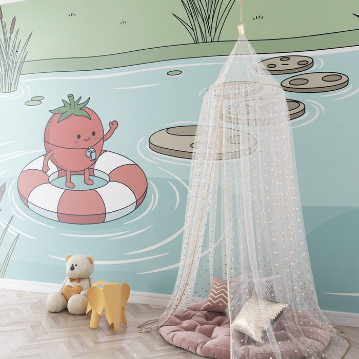 Papel de parede para quarto de criança | Tomate feliz numa boia num lago tranquilo