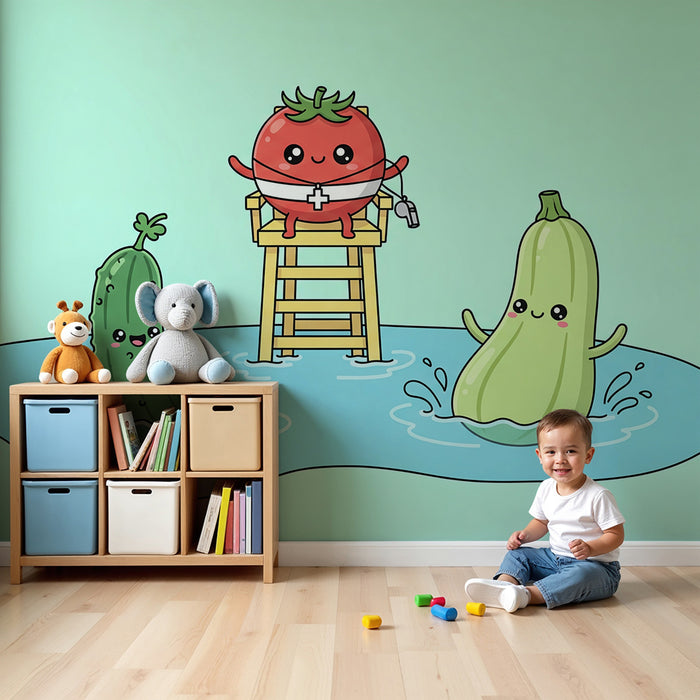 Papel de parede infantil | Tomate salva-vidas e legumes felizes na piscina