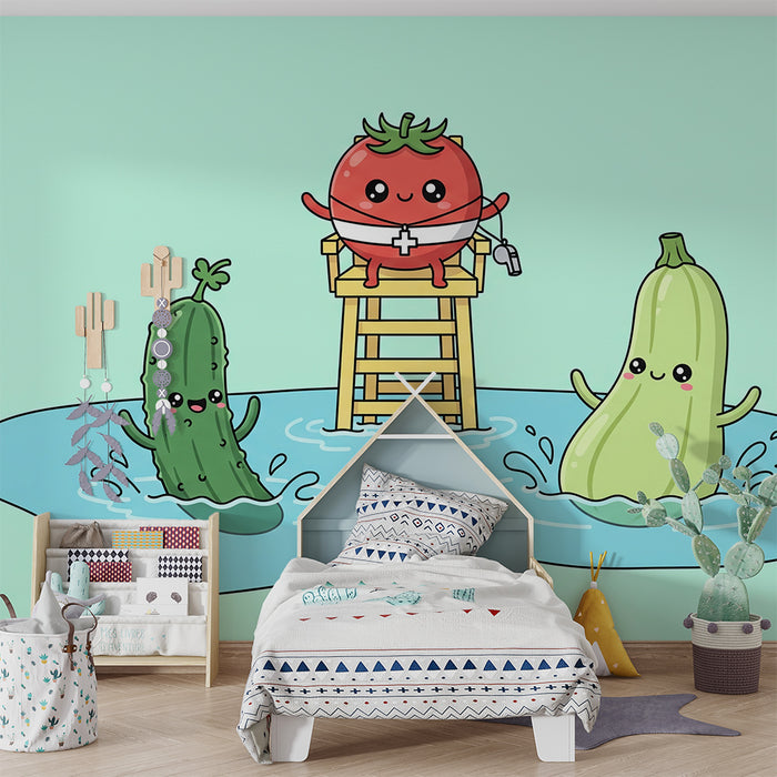 Papel de parede infantil | Tomate salva-vidas e legumes felizes na piscina