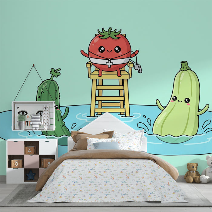 Papel de parede infantil | Tomate salva-vidas e legumes felizes na piscina