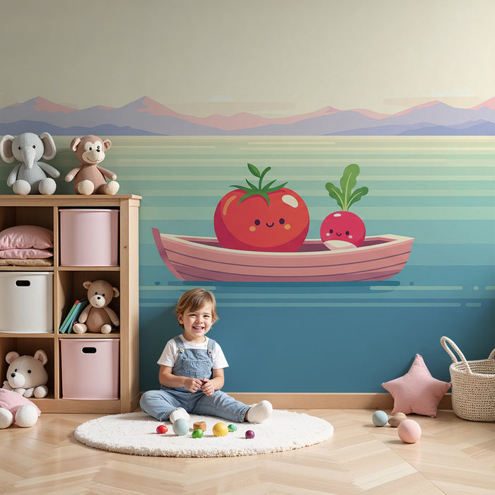 Papel de parede para quarto de criança | Tomates e rabanetes alegres num barco num lago tranquilo