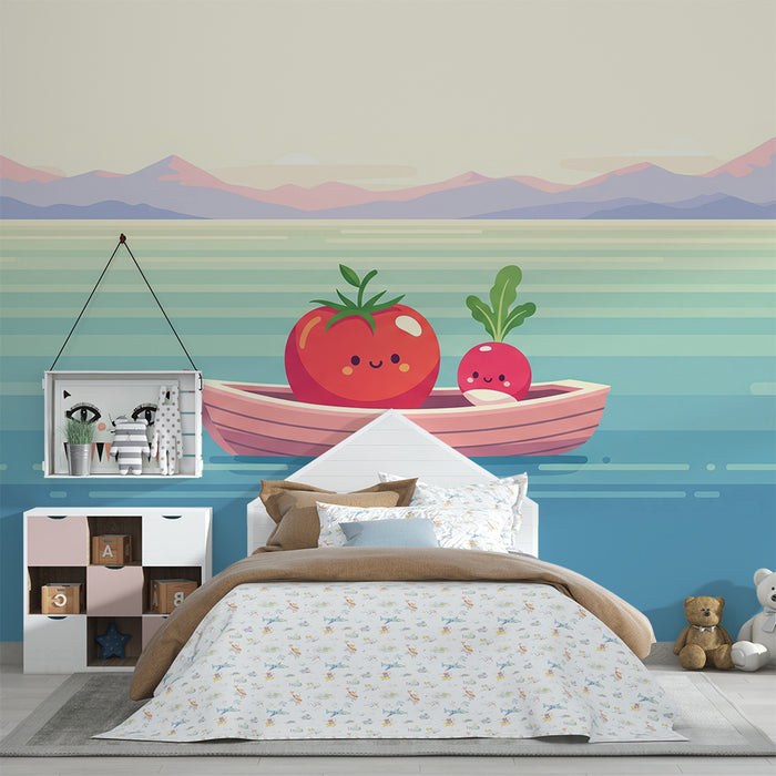 Papel de parede para quarto de criança | Tomates e rabanetes alegres num barco num lago tranquilo