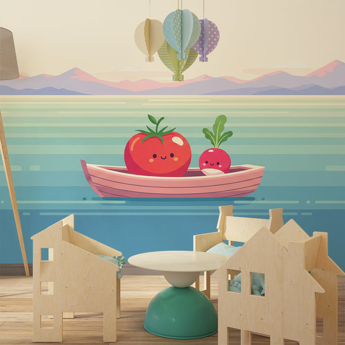 Papel de parede para quarto de criança | Tomates e rabanetes alegres num barco num lago tranquilo