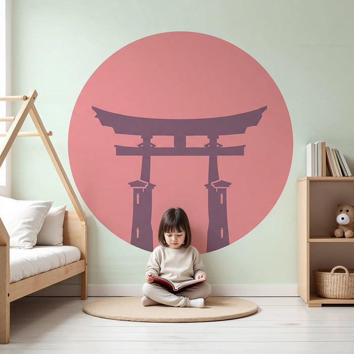 Kinderzimmer Tapete | Japanisches Torii auf pastellfarbenem Hintergrund