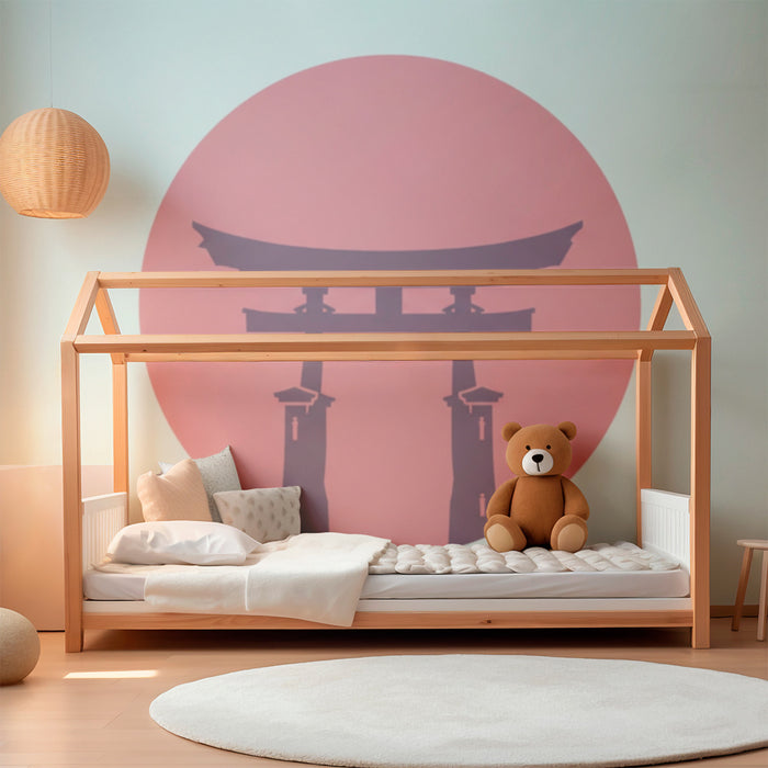 Kinderzimmer Tapete | Japanisches Torii auf pastellfarbenem Hintergrund