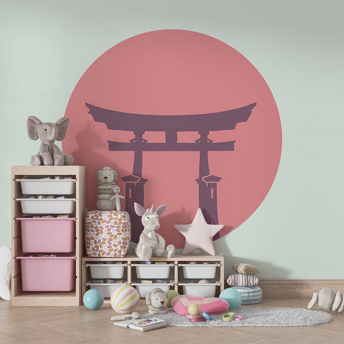 Kinderzimmer Tapete | Japanisches Torii auf pastellfarbenem Hintergrund