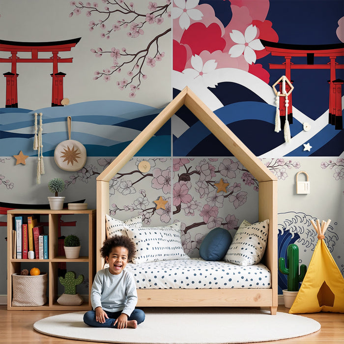 Children's bedroom wallpaper | Red torii and cherry blossoms on a wave background