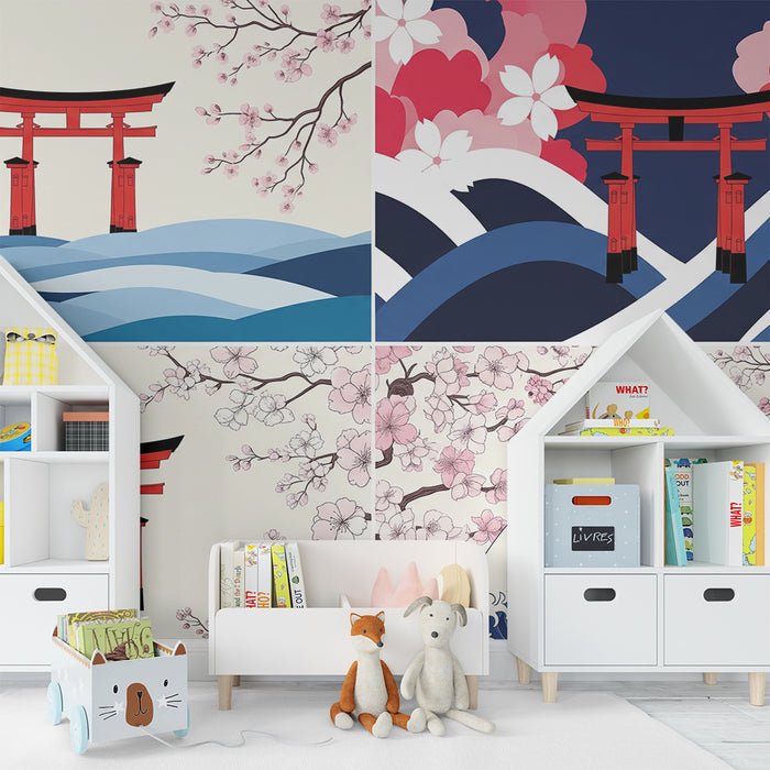 Children's bedroom wallpaper | Red torii and cherry blossoms on a wave background