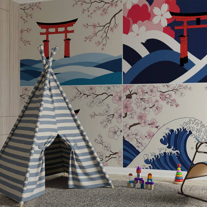 Children's bedroom wallpaper | Red torii and cherry blossoms on a wave background