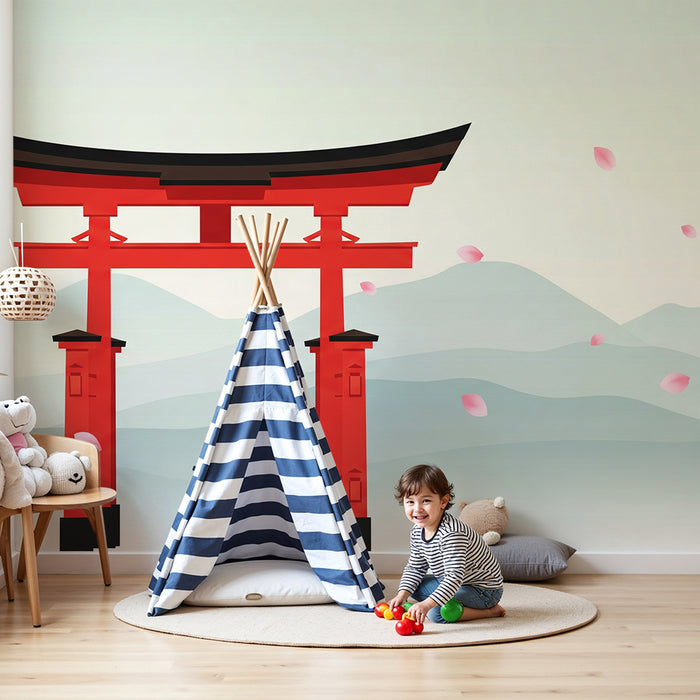 Carta da parati per camera bambini | Torii rosso e paesaggio rilassante con petali di fiori