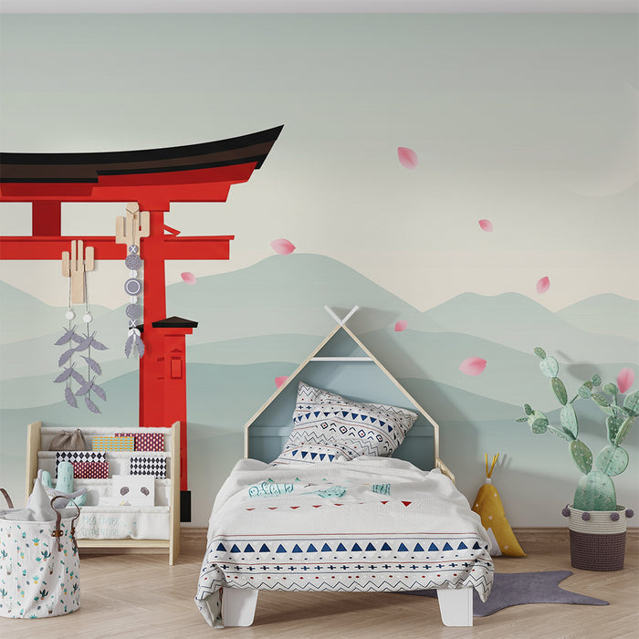 Carta da parati per camera bambini | Torii rosso e paesaggio rilassante con petali di fiori