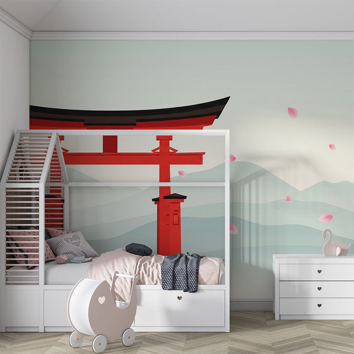 Carta da parati per camera bambini | Torii rosso e paesaggio rilassante con petali di fiori