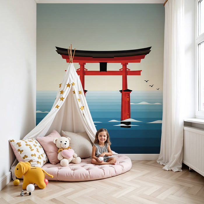 Papier peint chambre enfant | Torii rouge sur fond marin apaisant