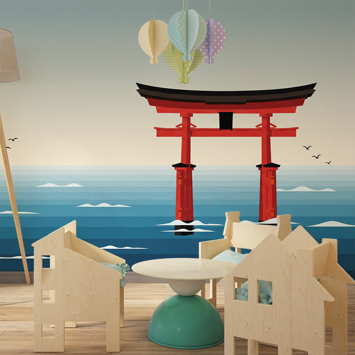 Papier peint chambre enfant | Torii rouge sur fond marin apaisant