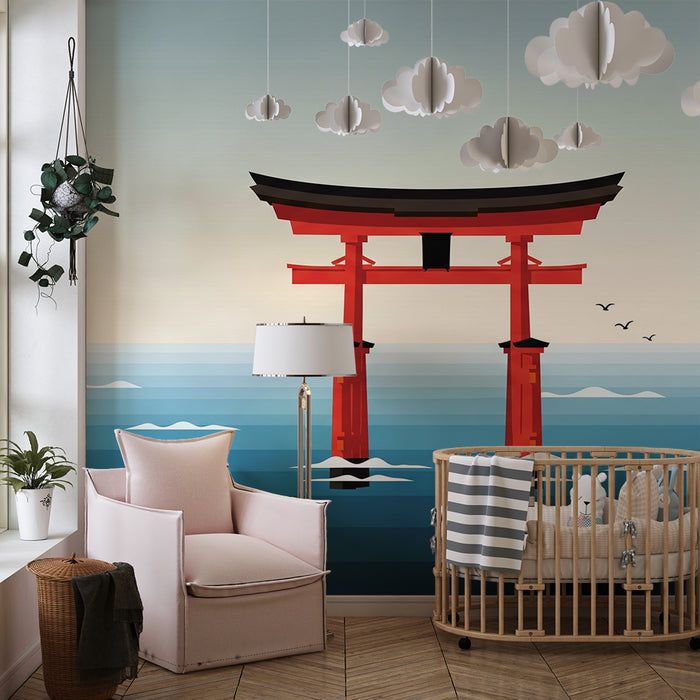 Papier peint chambre enfant | Torii rouge sur fond marin apaisant