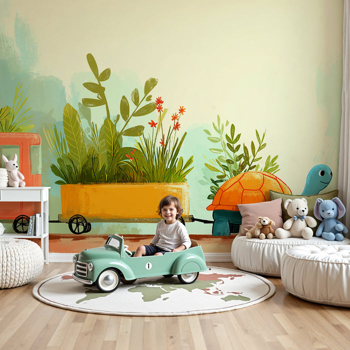 Papier peint chambre enfant | Tortue amusante et jardin coloré