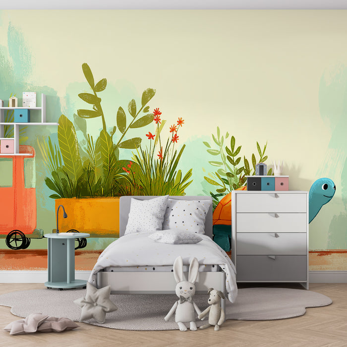 Papier peint chambre enfant | Tortue amusante et jardin coloré