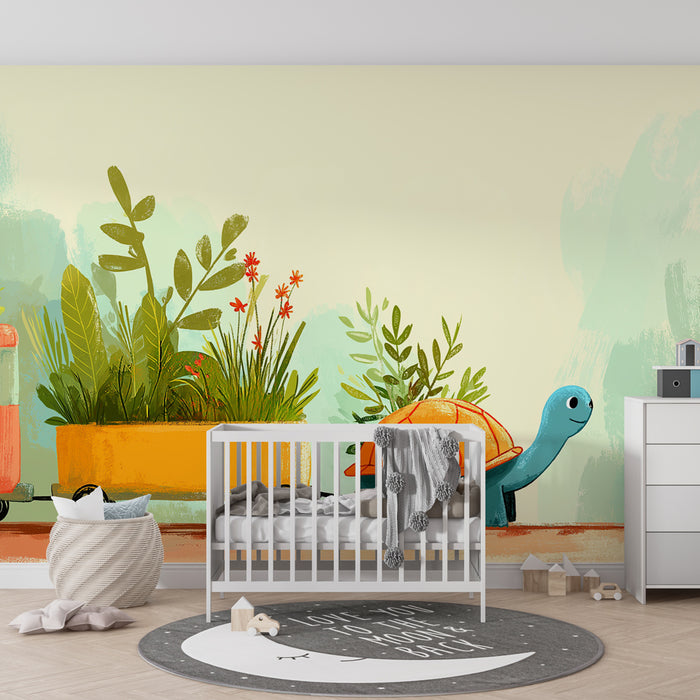 Papier peint chambre enfant | Tortue amusante et jardin coloré