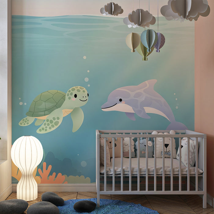 Papel de parede criança | Broască țestoasă și delfin într-o lume subacvatică colorată