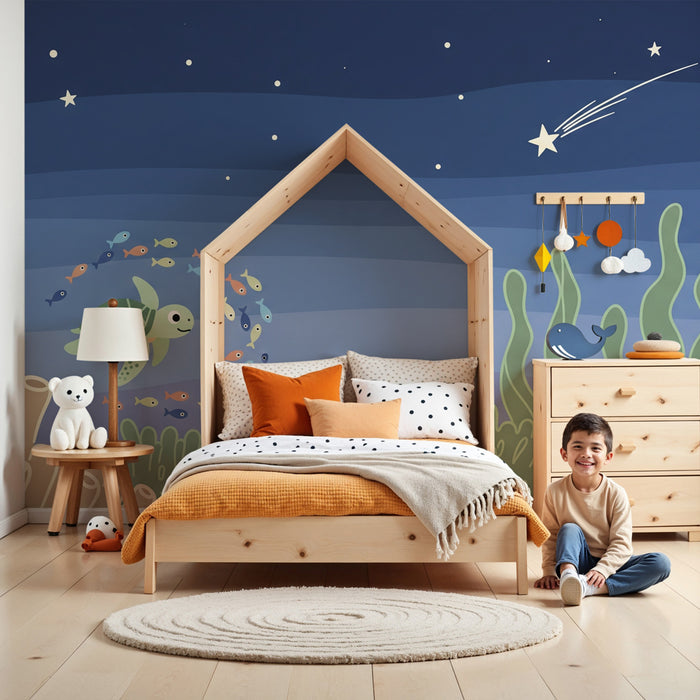 Papier peint chambre enfant | Tortue et poissons sous les étoiles