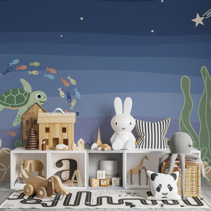 Papier peint chambre enfant | Tortue et poissons sous les étoiles