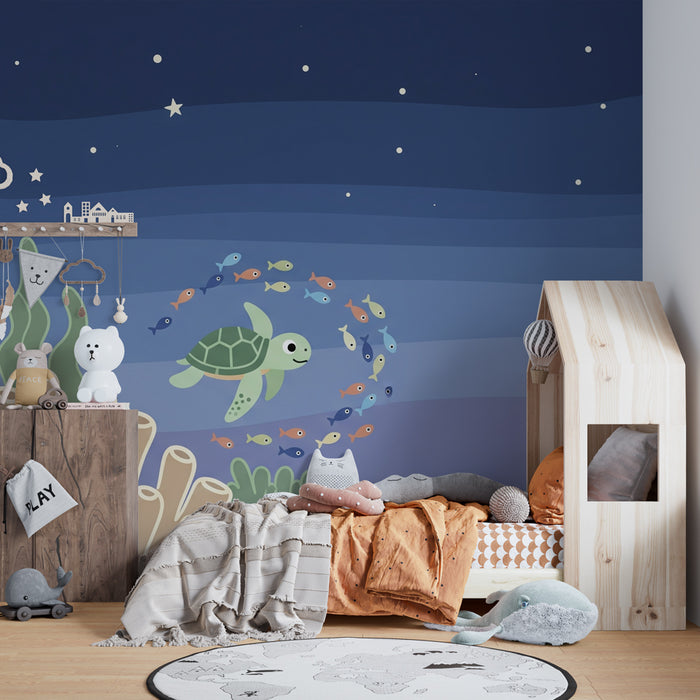 Papier peint chambre enfant | Tortue et poissons sous les étoiles