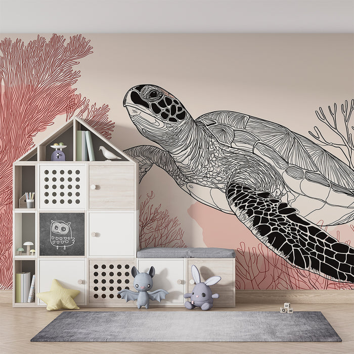 Kids room wallpaper | Elegant sea turtle swimming among pink corals