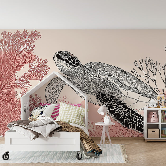 Kids room wallpaper | Elegant sea turtle swimming among pink corals