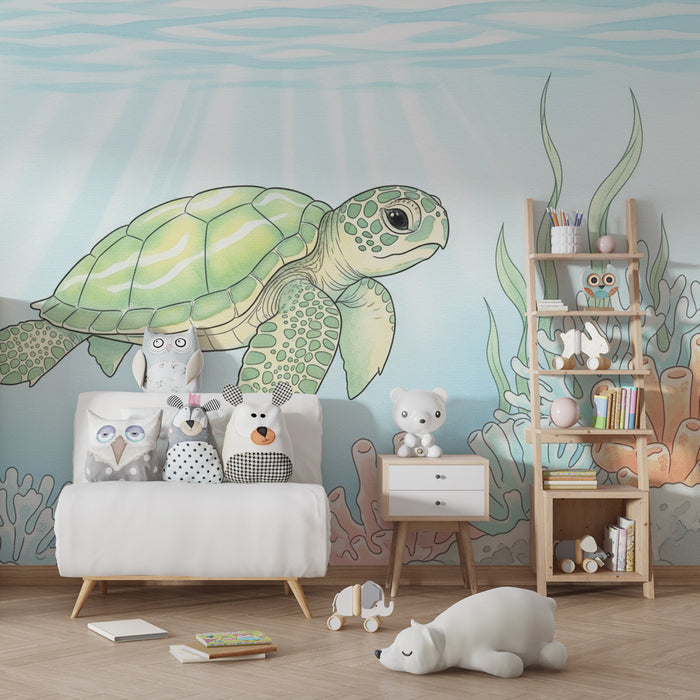 Papel de parede criança | Tartaruga marinha e corais coloridos