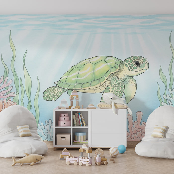 Papel de parede criança | Tartaruga marinha e corais coloridos
