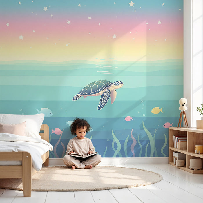 Kinderkamer behang | Zeeschildpad en kleurrijke vissen in een rustige oceaan