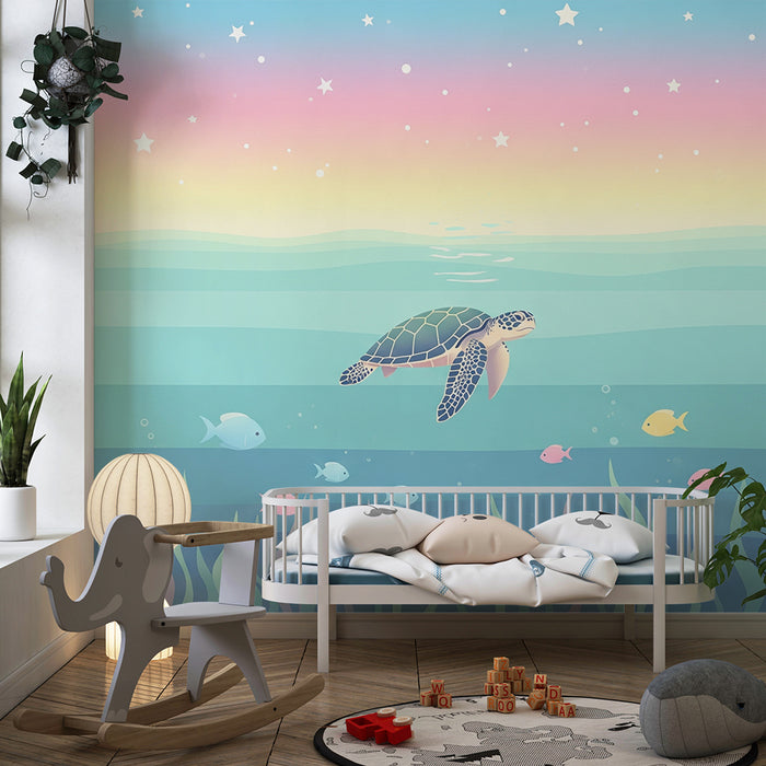 Kinderkamer behang | Zeeschildpad en kleurrijke vissen in een rustige oceaan