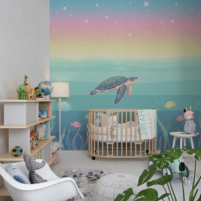 Kinderkamer behang | Zeeschildpad en kleurrijke vissen in een rustige oceaan