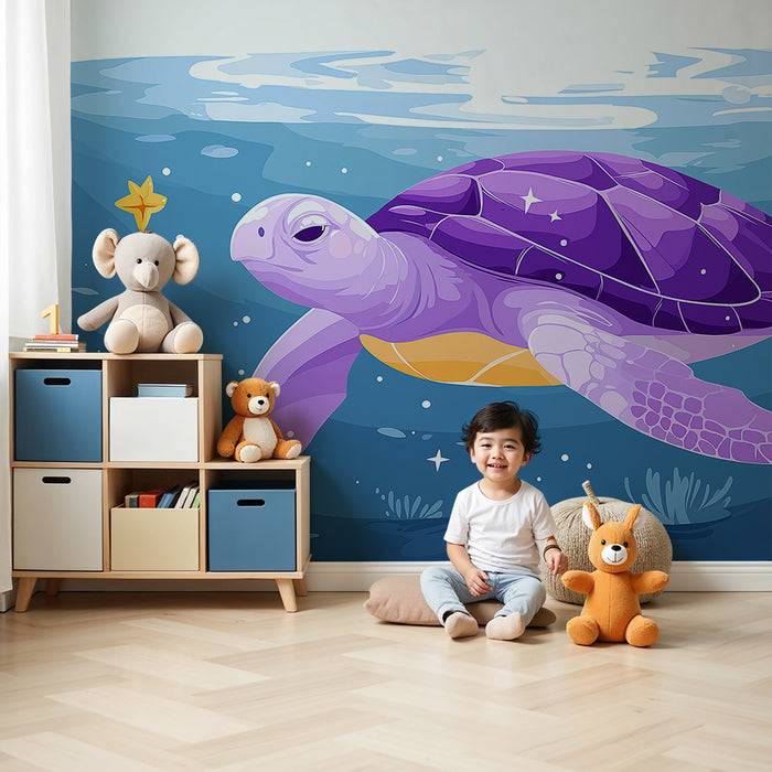 Kids room wallpaper | Purple sea turtle evolving in a magical ocean