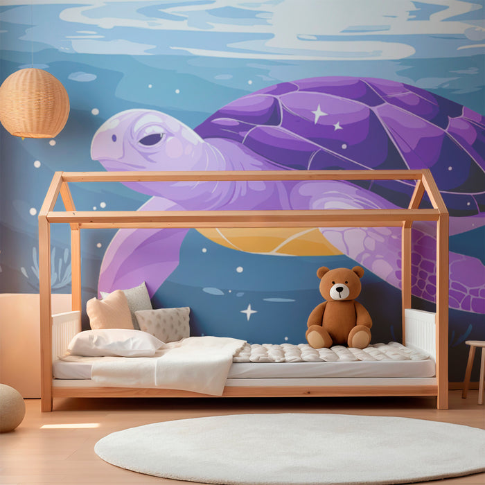 Kids room wallpaper | Purple sea turtle evolving in a magical ocean