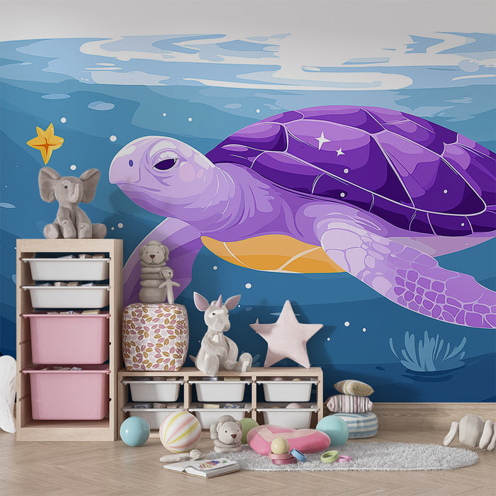 Kids room wallpaper | Purple sea turtle evolving in a magical ocean