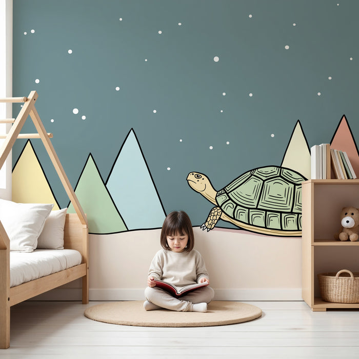 Kinderkamer behang | Schattige schildpad en kleurrijke bergen
