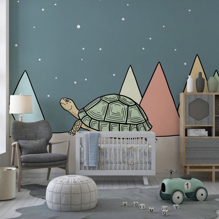 Kinderkamer behang | Schattige schildpad en kleurrijke bergen