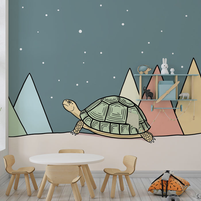 Kinderkamer behang | Schattige schildpad en kleurrijke bergen