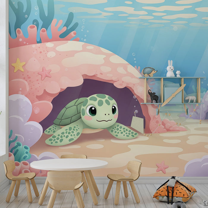 Kinderzimmer Tapete | Niedliche Schildkröte und bunte Korallenriffe unter Wasser