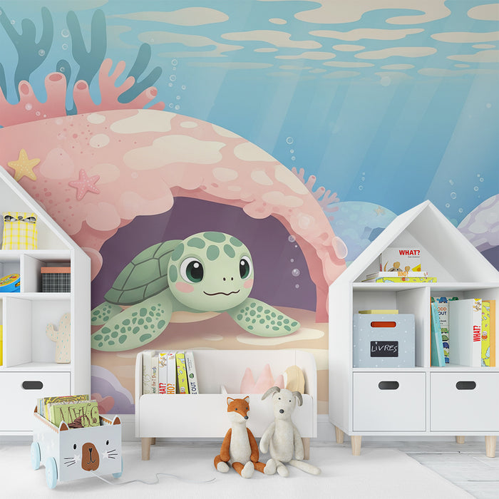 Kinderzimmer Tapete | Niedliche Schildkröte und bunte Korallenriffe unter Wasser